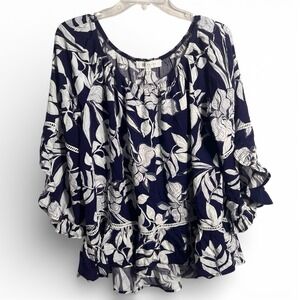 Women's Navy Blue Bell Sleeve Tropical Rayon Hawaiin Shirt LG Off On Shoulder